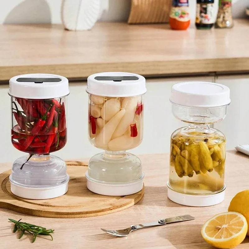 Sealed Pickles Jar with Fork Wet and Dry Separation Container Cucumber Olives Bottle with Strainer Flip Kitchen Food Storage Box