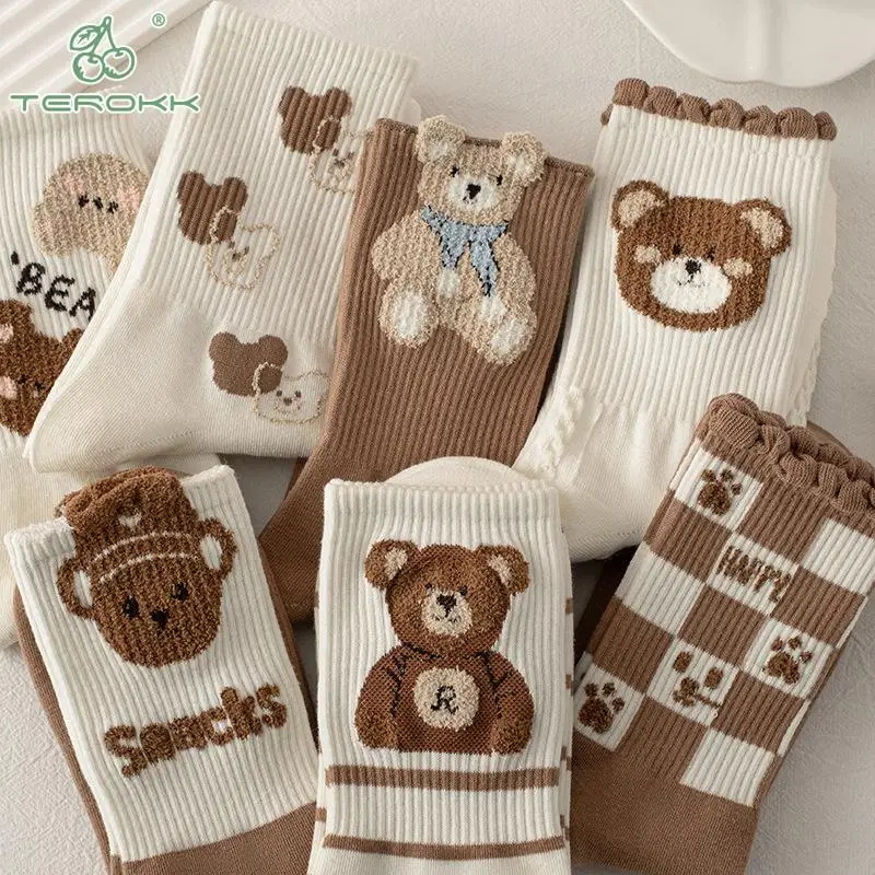 Japan Harajuku Cartoon Brown Bear Theme Cotton Socks Kawaii Print Funny Middle Tube Socks Fashion Skateboard Woman Socks New