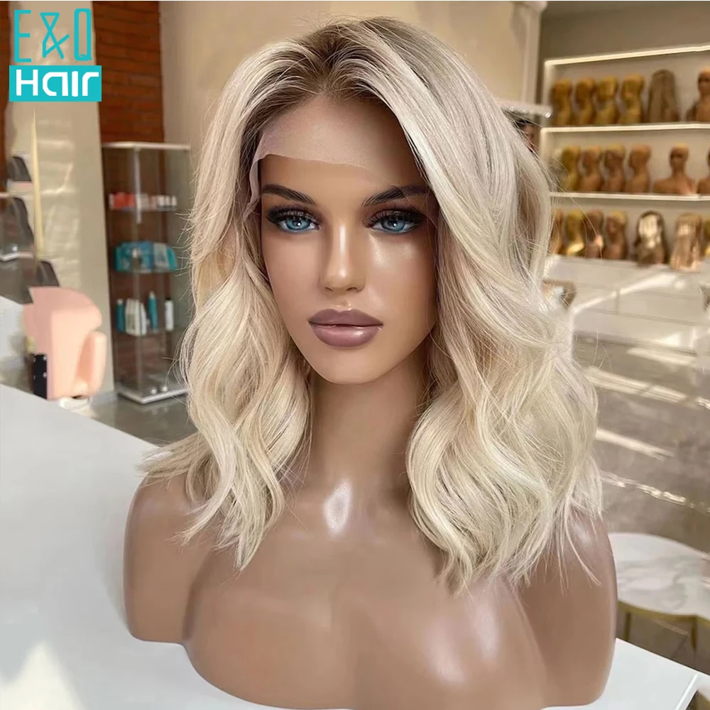 Perruque de Cheveux Humains, Tresse Naturelle, Coupe Courte Bob Pixie, Couleur Blonde Ombré, 13 Tages, Dentelle Transparente, Ondulée, Pre-Plucked