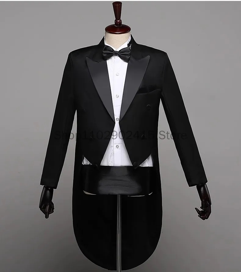 2023 Medieval Mens Classic Black White Shiny Lapel Tail Coat Tuxedo Wedding Groom Stage Singer Cosplay Suits 4 Pcs Set