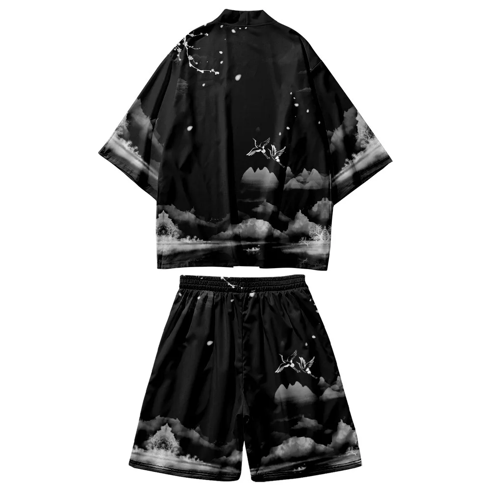 

Fashion Crane Full Print Harajuku Black Kimono Shorts Sets Two-Piece Suit Yukata Japanese Traditional Cardigan Women Men Haori