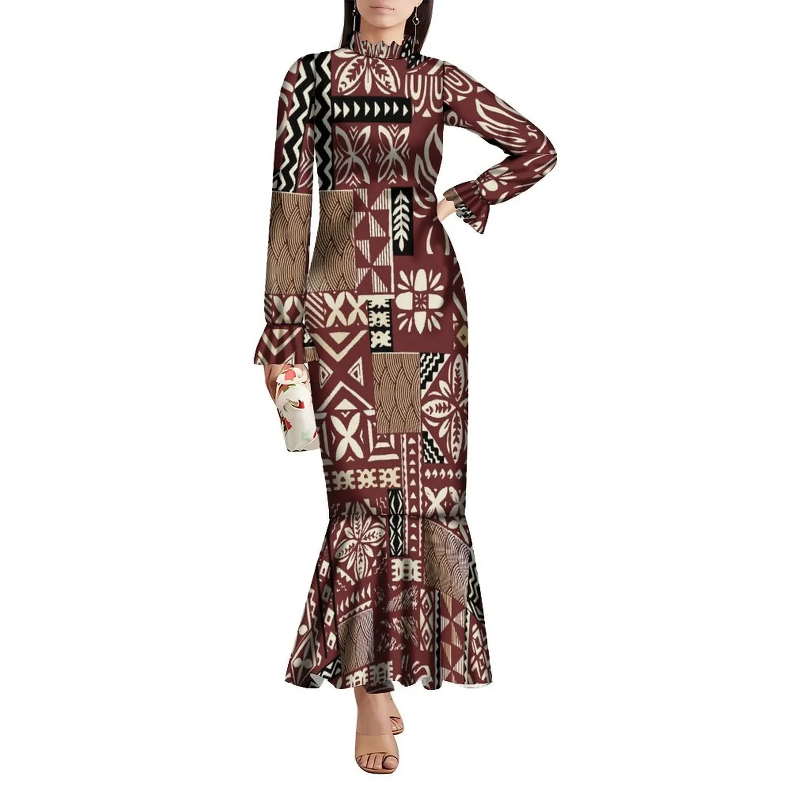 Traditionelles polynesisches Damen-Partykleid, individuelles Abendkleid, eleganter, langärmeliger Fischschwanzrock, plissierter Kragen