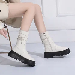 Women Boots 2021 New Leather Thick-soled 6 Boots Women's Short Boots Side Zipper Rider Boots Back Lace Mid-tube Boots
