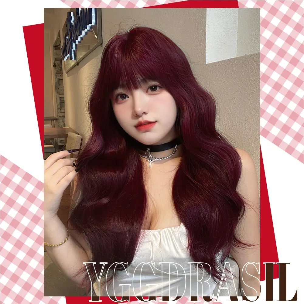 26Inch Sexy Ladylike Style Wine Red Color Synthetic Wigs With Bang Long Wavy Hair Wig For Women Daily Use Cosplay Heat Resistant