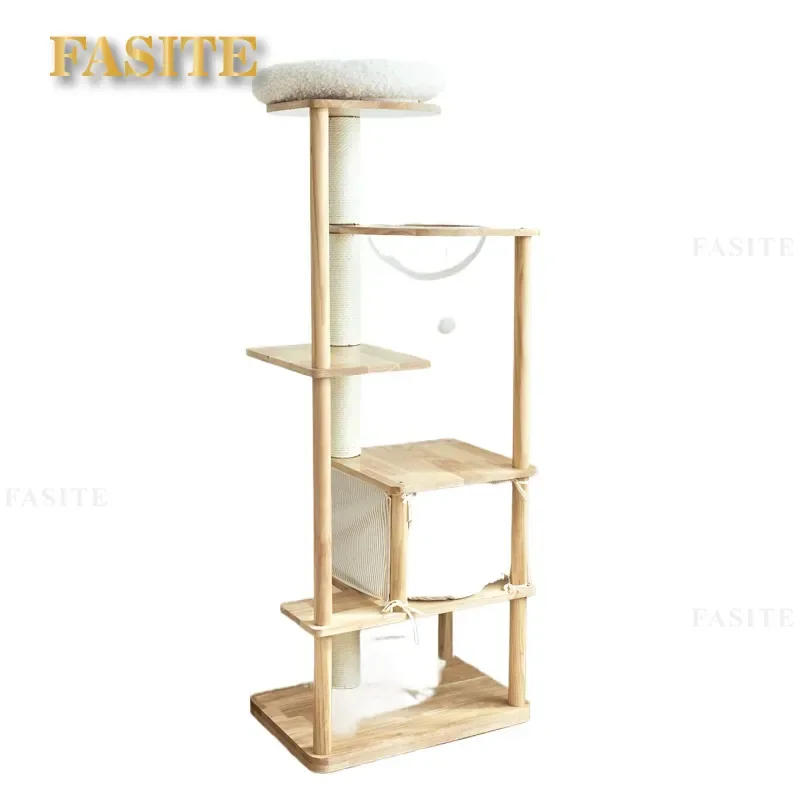For Square Solid Wood Cat Climbing Frame Corner Cat Tree with Scratching Post and Cozy Nest Space Saving Integrated Furniture