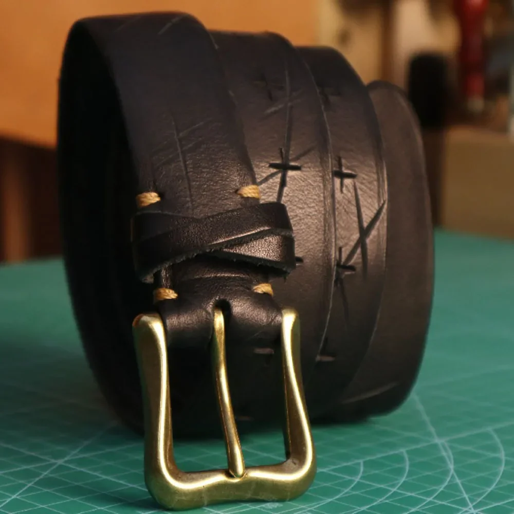 حزام جلد طبيعي مصنوع يدويًا بعرض 3 سم من جلد البقر مع إبزيم نحاسي بحافة متعثرة للرجال والنساء #5