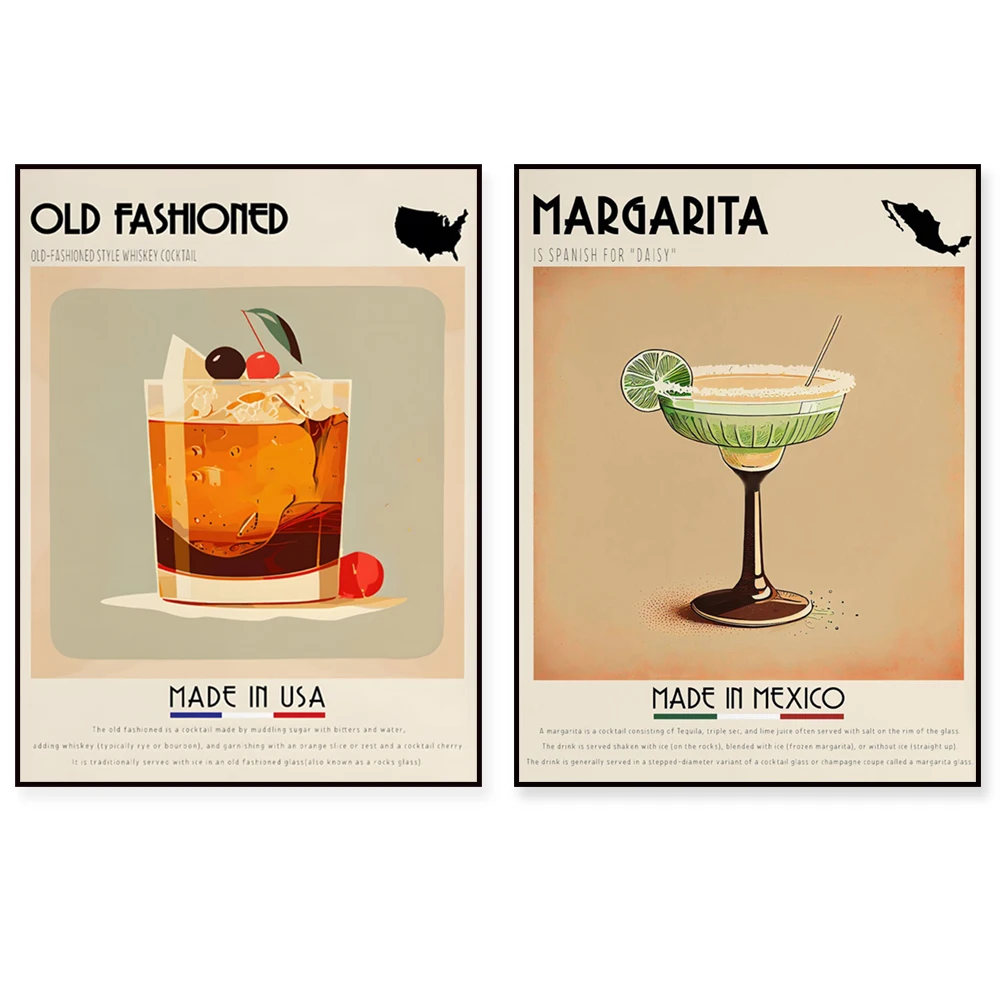 Irish coffee, Irish whiskey, pina colada, indian, spanish art, margarita, old fashioned cocktail, poster for cafe decoration