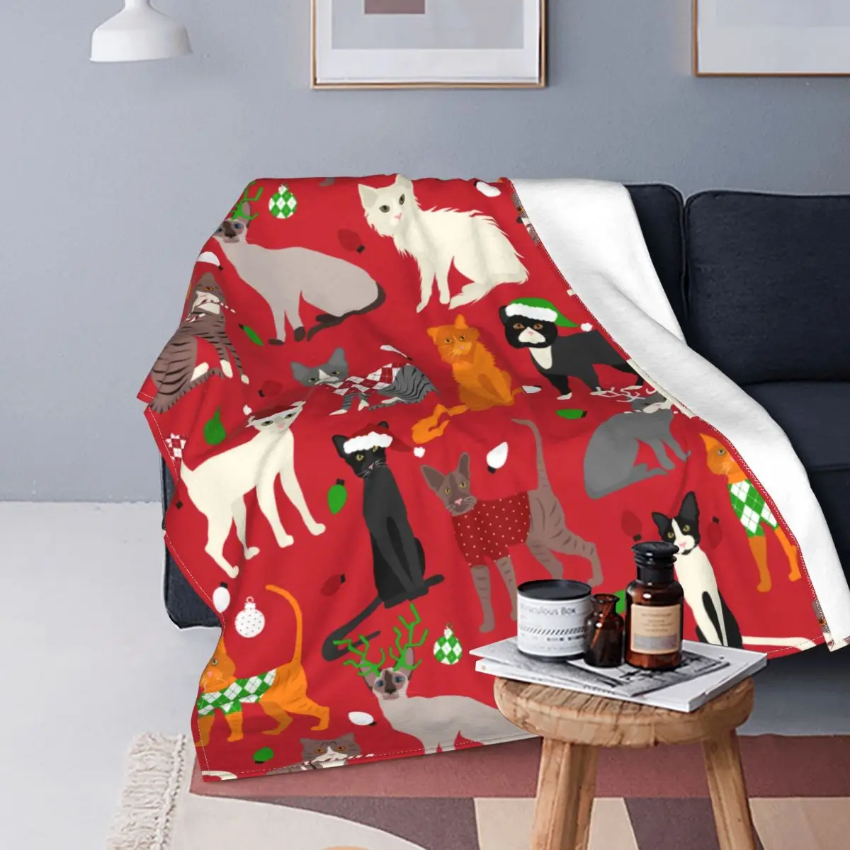 Christmas Cats Blanket Fleece Spring/Autumn Multi-function Warm Throw Blanket for Bedding Couch Rug Piece