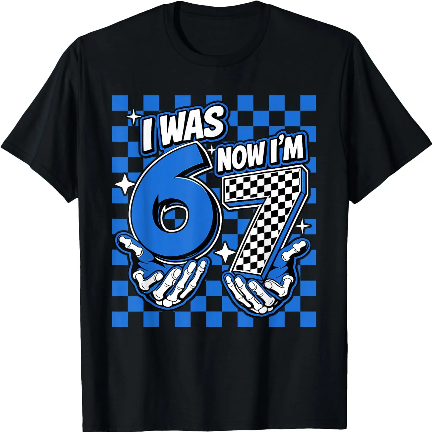 I Was 6 Now I'm 7 Race Checkered Flag Skeleton Hands Boys 7th Birthday T-Shirt