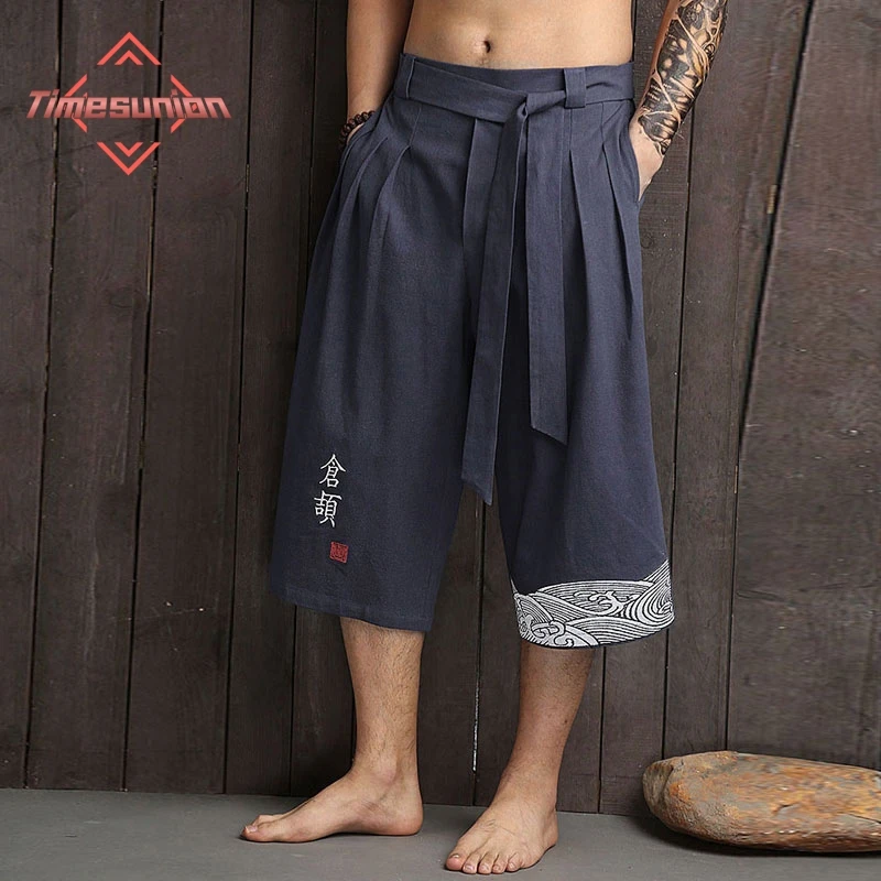 Pantalones kimono japoneses tradicionales para hombre, pantalones casuales de verano 100% algodón para hombre, pantalones de pierna ancha, pantalones cortos sueltos