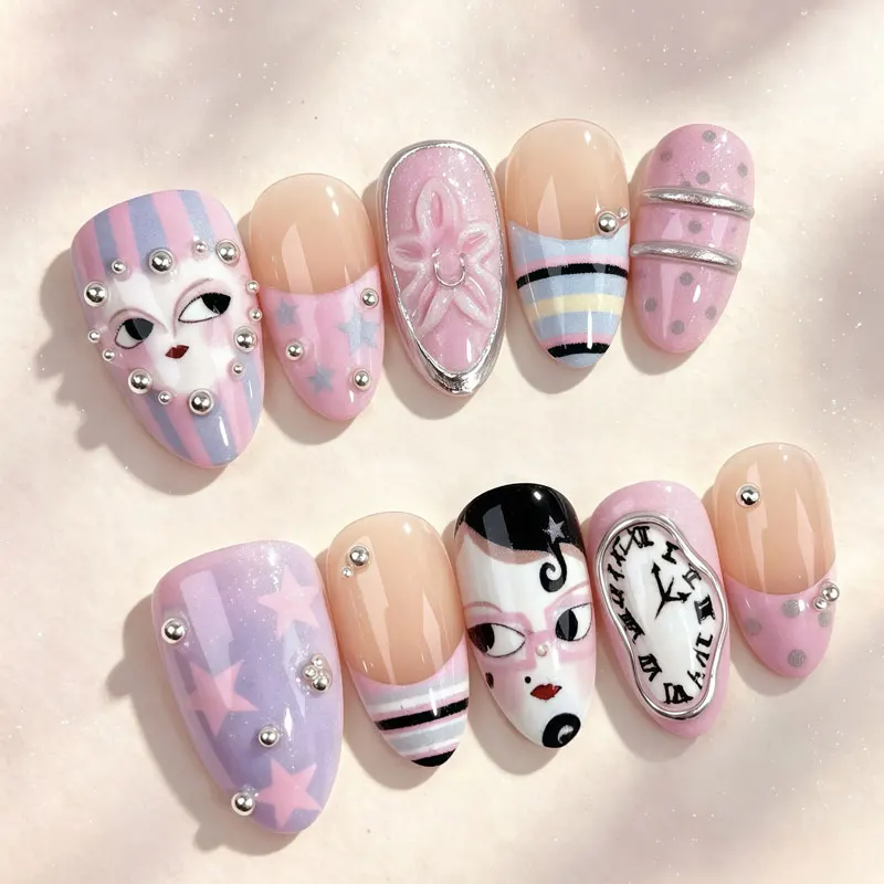 10Pcs  Y2k Pink Almond Press on Nails Abstract Cartoon Face Clock 3D Flowers Metal Rhinestone French Fake Nails Sweet Star Nails