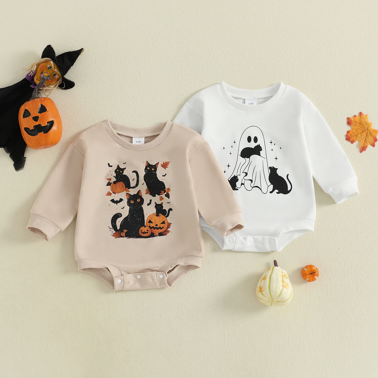 

Newborn Baby Boys Halloween Romper Long Sleeve Round Neck Black Cat Print Romper Fall Playsuit