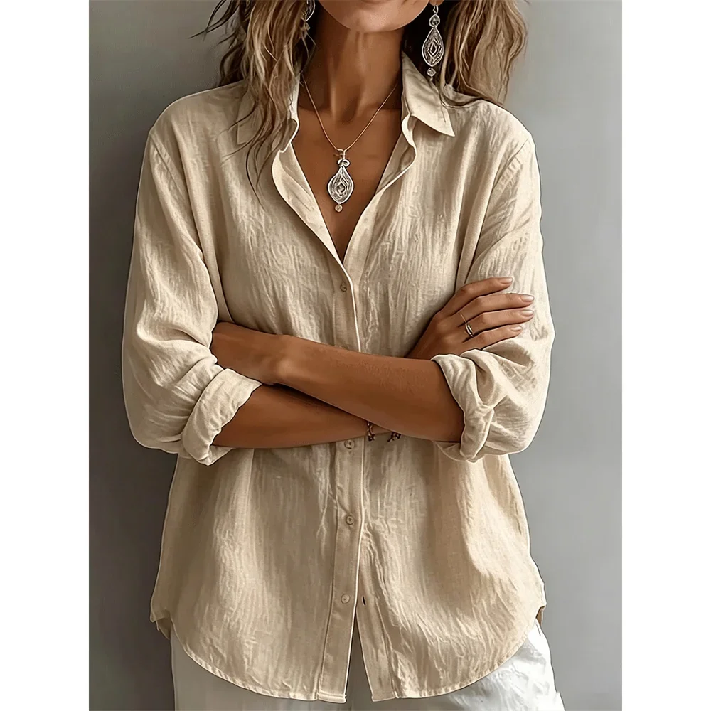Damen Baumwoll-Leinen-Hemd, Oversize, leicht, atmungsaktiv, einreihig, lässig, mit Umlegekragen, langen Ärmeln, klassische Bluse – Detail 11