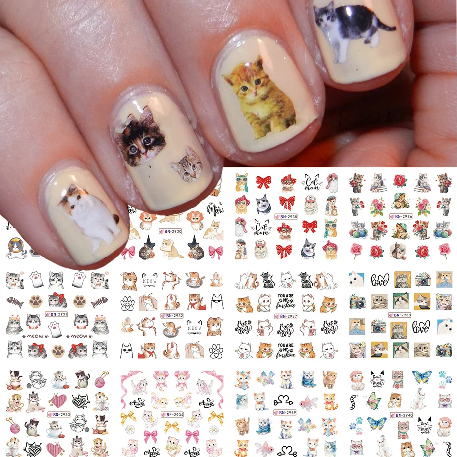 12種類の可愛い漫画風動物ウォーターネイルステッカー、カワイイ猫の漫画柄ネイルデカール、ネイルアートデコレーションDIYに最適