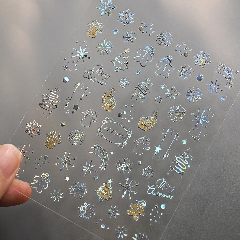 12 Teile/satz Weihnachten Laser Silber Schneeflocken Nagel Aufkleber 3D Bronzing Rentier Elch Glocken Baum Nagel Aufkleber HOLO Weihnachten Slider decor