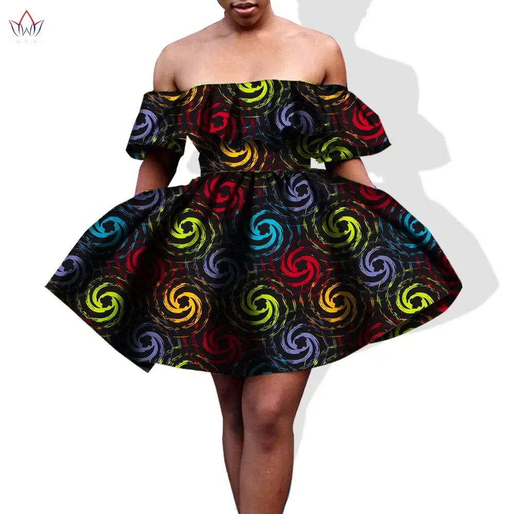 Bintarealwax Summer African Dress for Womans Mini Puff Sleeve African Dresses Plus Size Dress Strapless Ball Gown WY1046