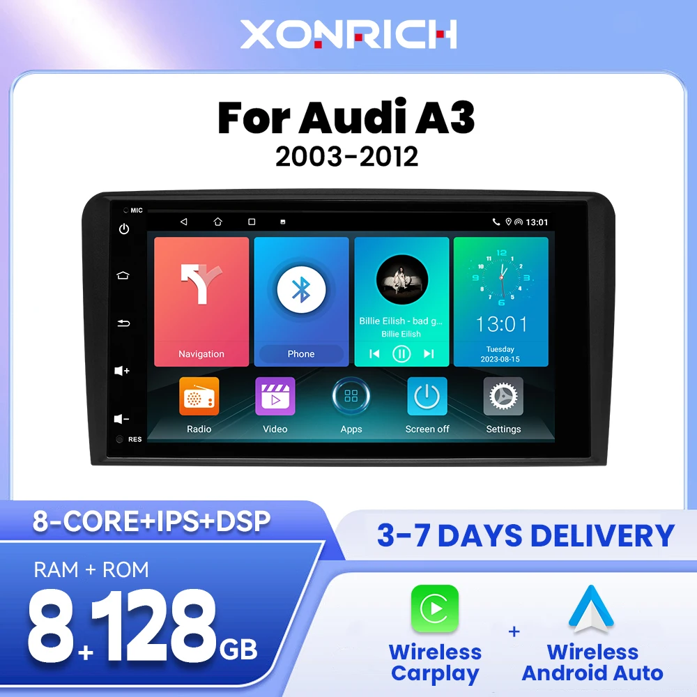 8Inch Wireless Carplay AI Voice Autoradio For Audi A3 8P 2003 - 2013 Android 13 Bose Audio Car Multimedia GPS 2Din 8GB 128GB