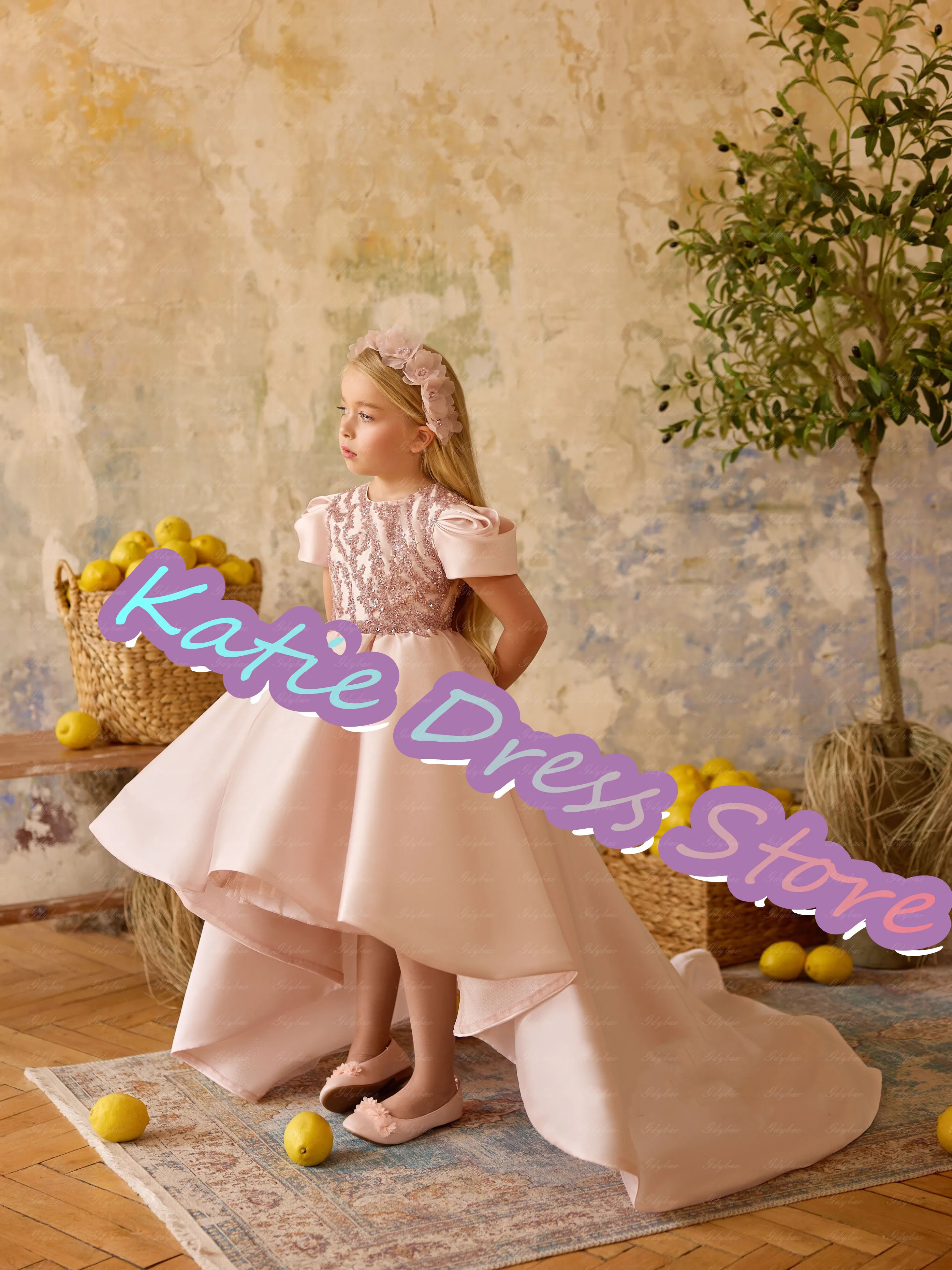 

Pink Satin Flower Girl Dress For Wedding Sequins Puffy Princess Kids Birthday Party First Communion Ball Gowns Customized