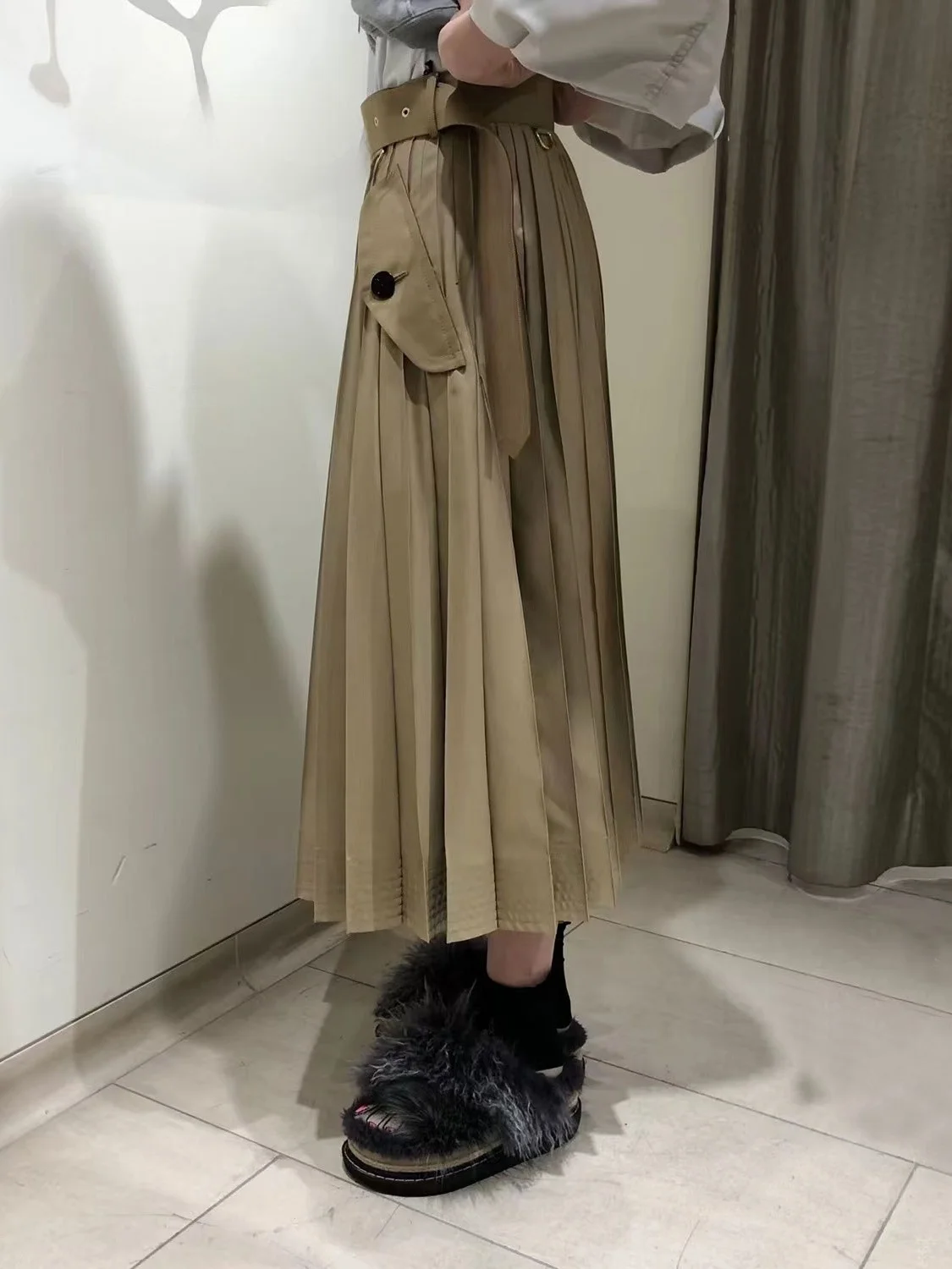

High Waist Pleated Skirt FOG SACAI Spring Summer New Sle Belted Waist Patchwork Long Skirt Korean Sle Button Detail A-Line