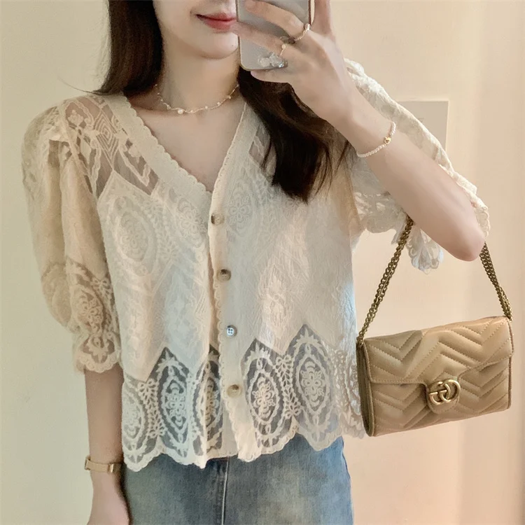 Sheer Lace Puff Sleeve Blouse for Women See-through Embroidered Button Front Shirts Tops Summer Korean Faschion Elegant Outfit