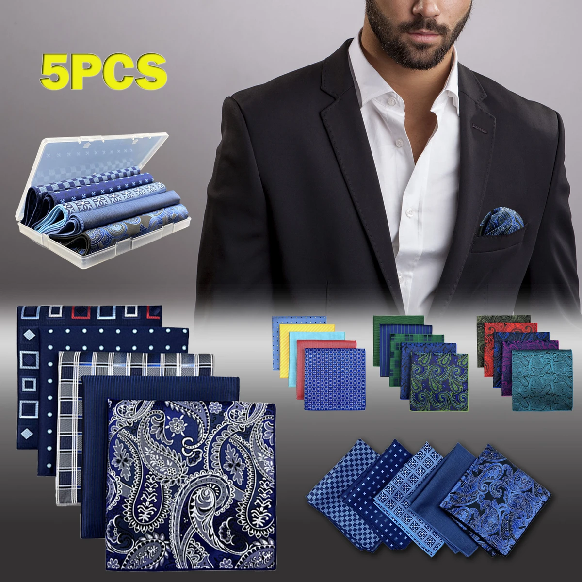 5 Pieces Colorful Assorted Mens Pocket Square Classic Handkerchief Set Gift