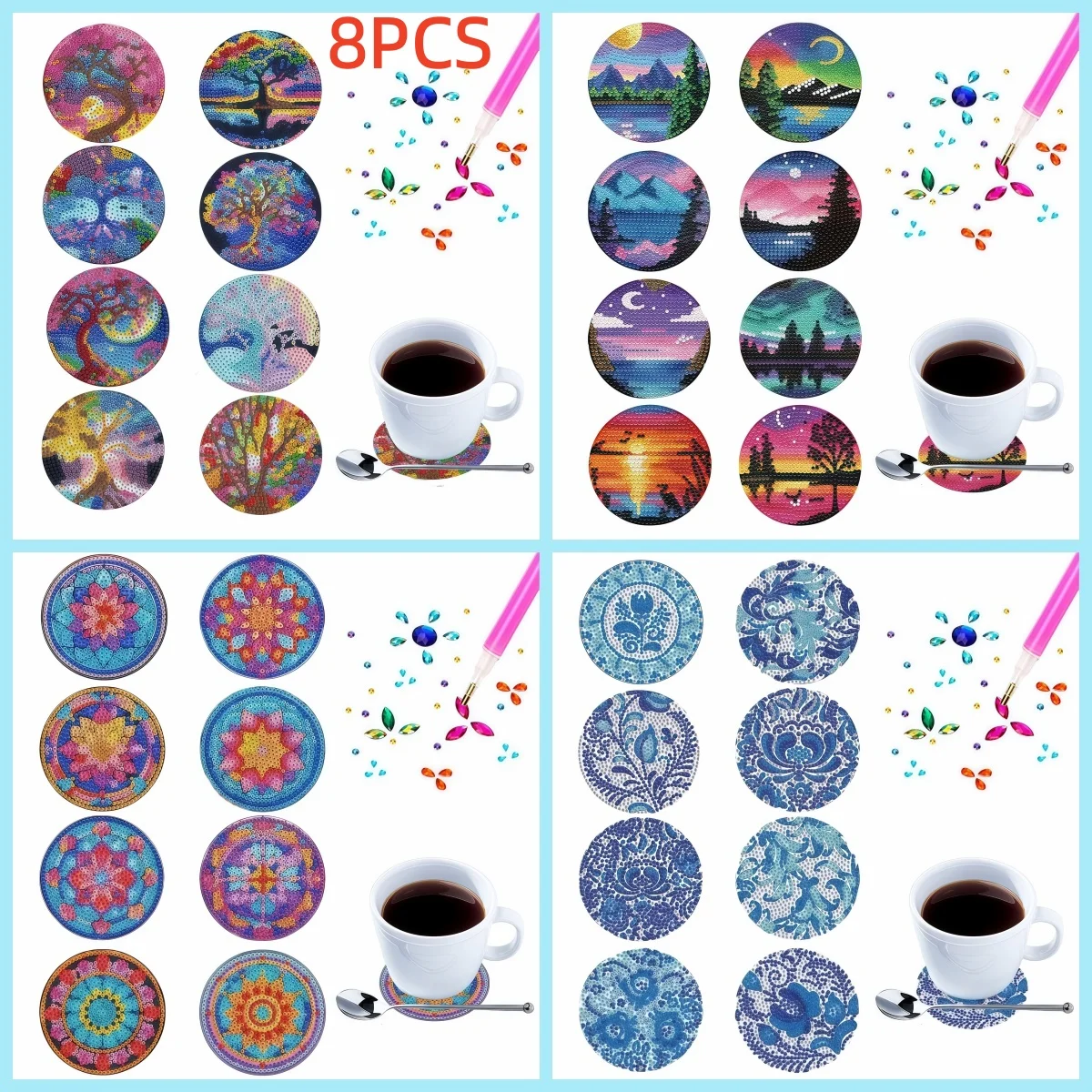 8PCS Natural Scenery & Plant Diamond Painting Coasters, Wooden DIY, Practical Cup Holder Decor.