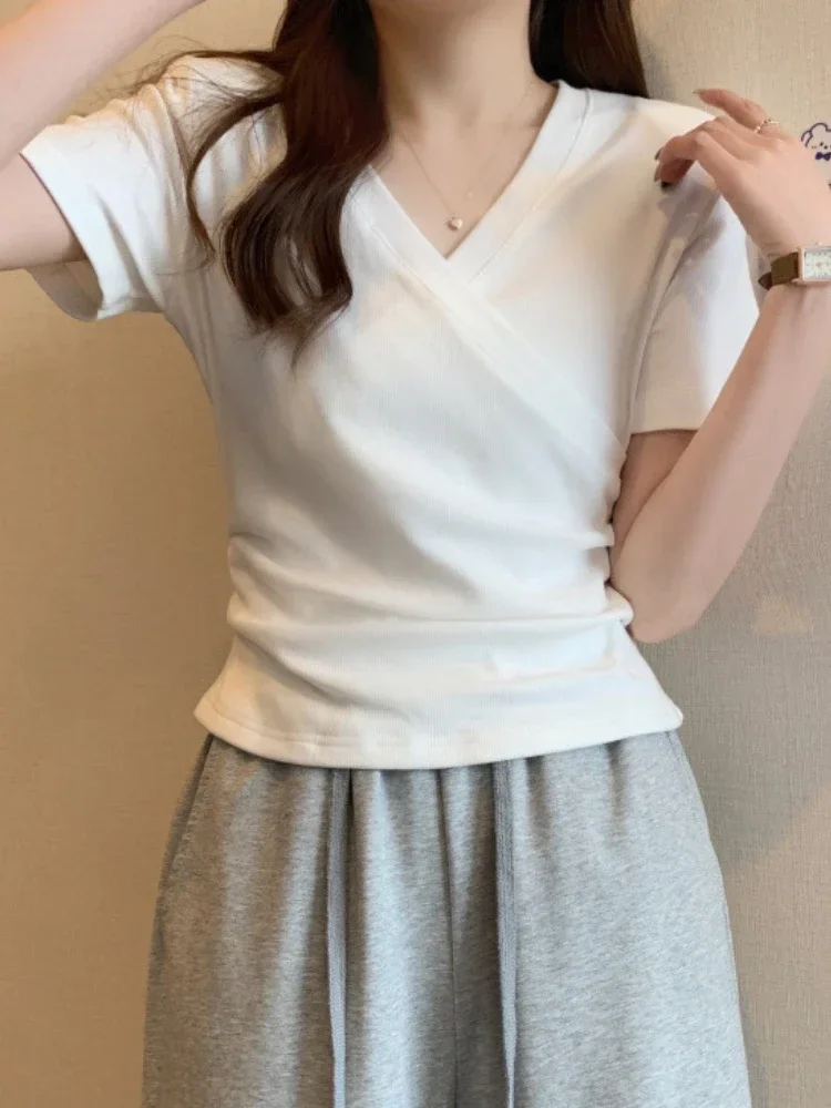 New Summer Korean Fashion Casual Cross V-neck Women's T-shirt Short Sleeve Slim Bottoming Shirts Crop Top Youthful Woman Clothes