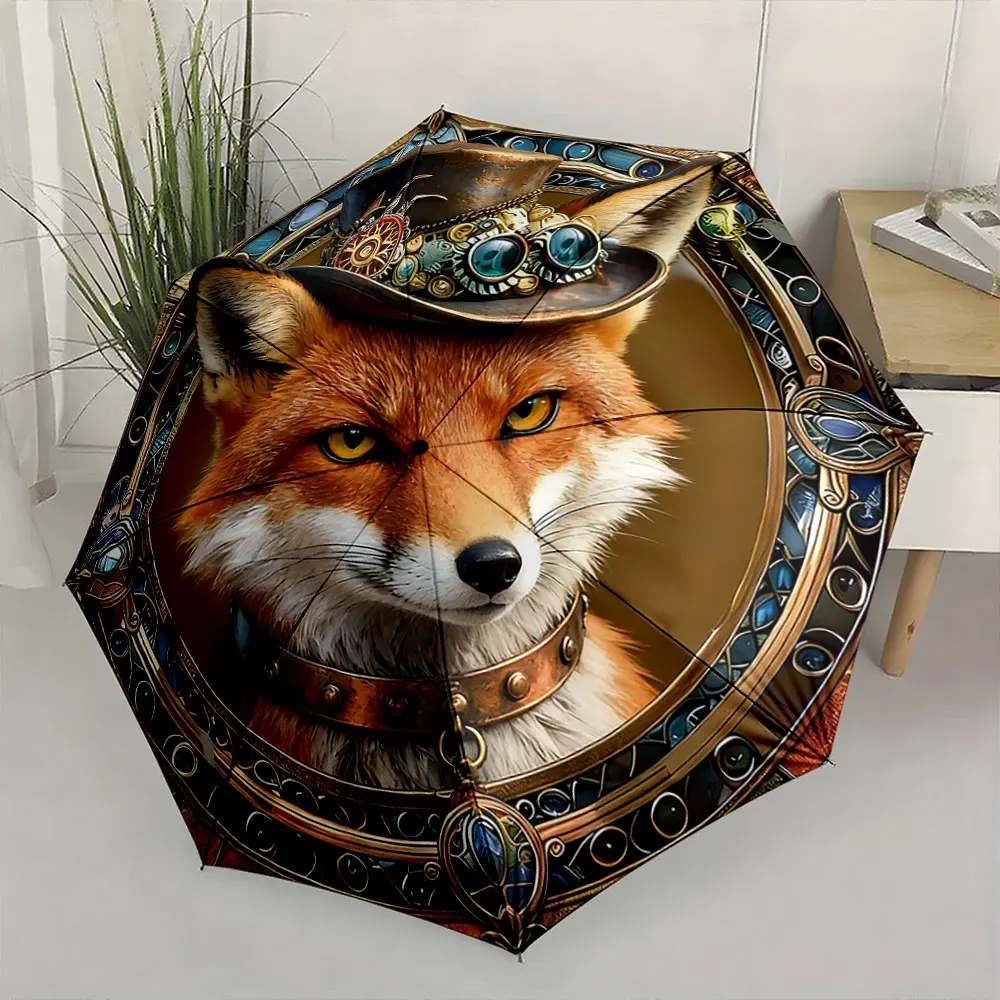 1PC Fox Umbrella with Steampunk Design: A Unique Accessory Print 8 Iron Ribs Folding Umbrella Auto-Open Fashion Sunshade