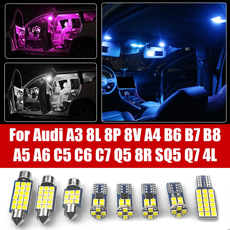 

Для Audi A3 8L 8V 8P S3 RS3 A4 B6 B7 B8 S4 A5 S5 A6 C5 C6 C7 S6 Q5 8R SQ5 Q7 4L Автомобильные светодиодные лампы для внутреннего освещения, аксессуары