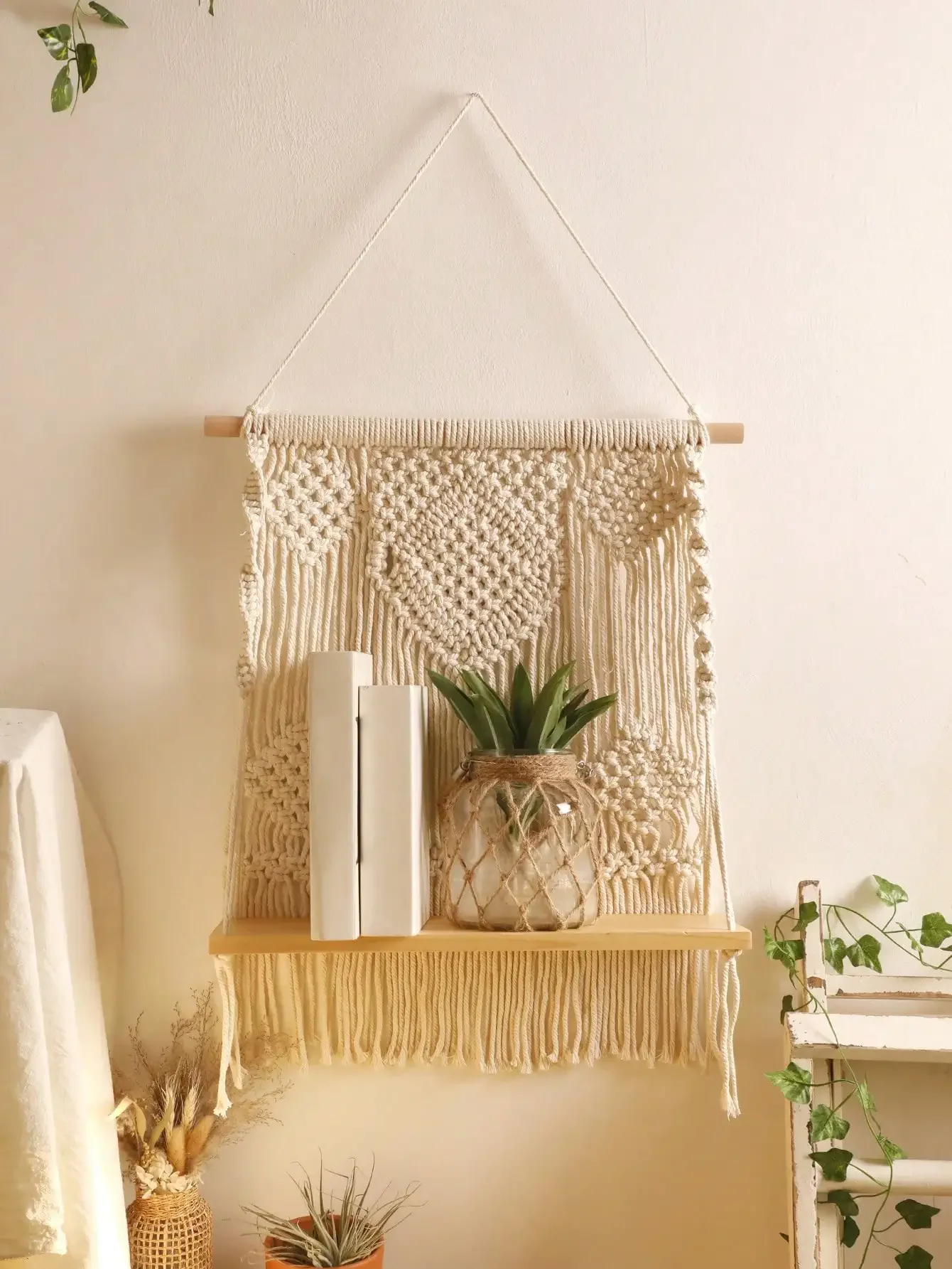 

For Macrame Wall Hanging Shelf Handmade Woven Boho Decor Wall Decor Floating Wall Plant Shelf Bedroom Organizer