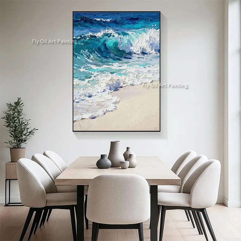 Popular Blue White Sea Wave Modern Style Wall Art Items For Decor New Hand Drawn Knife Thick Ocean View Oil Painting As Gifts