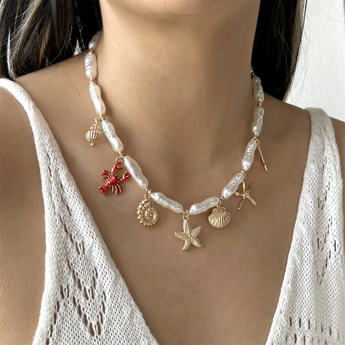 

Classic Imitation Pearl Bead Chain Necklace for Women Bohemia Ocean Element Starfish Shell Choker Vacation Sea Beach Jewelry