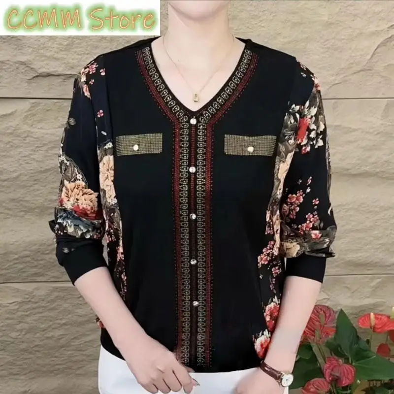 

Fashion Diamonds Floral Printed Shirt Casual Patchwork Spring Autumn Vintage Long Sleeve Women's Clothing Elegant V-Neck Blouse