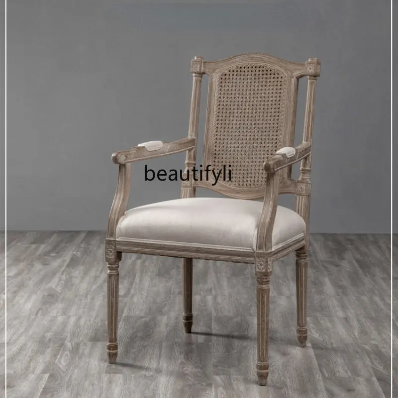 

yj French Retro Rattan Back Dining Chair American Country Solid Wood Back Roman Chair Distressed Dining Chair