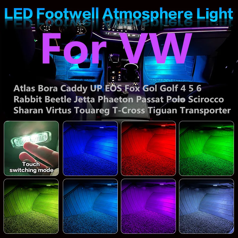 2X LED Car Footwell Light Bulb Decorative Atmosphere Lamp Accessories For VW Bora Caddy Atlas UP EOS Fox Gol Golf  Rabbit Beetle