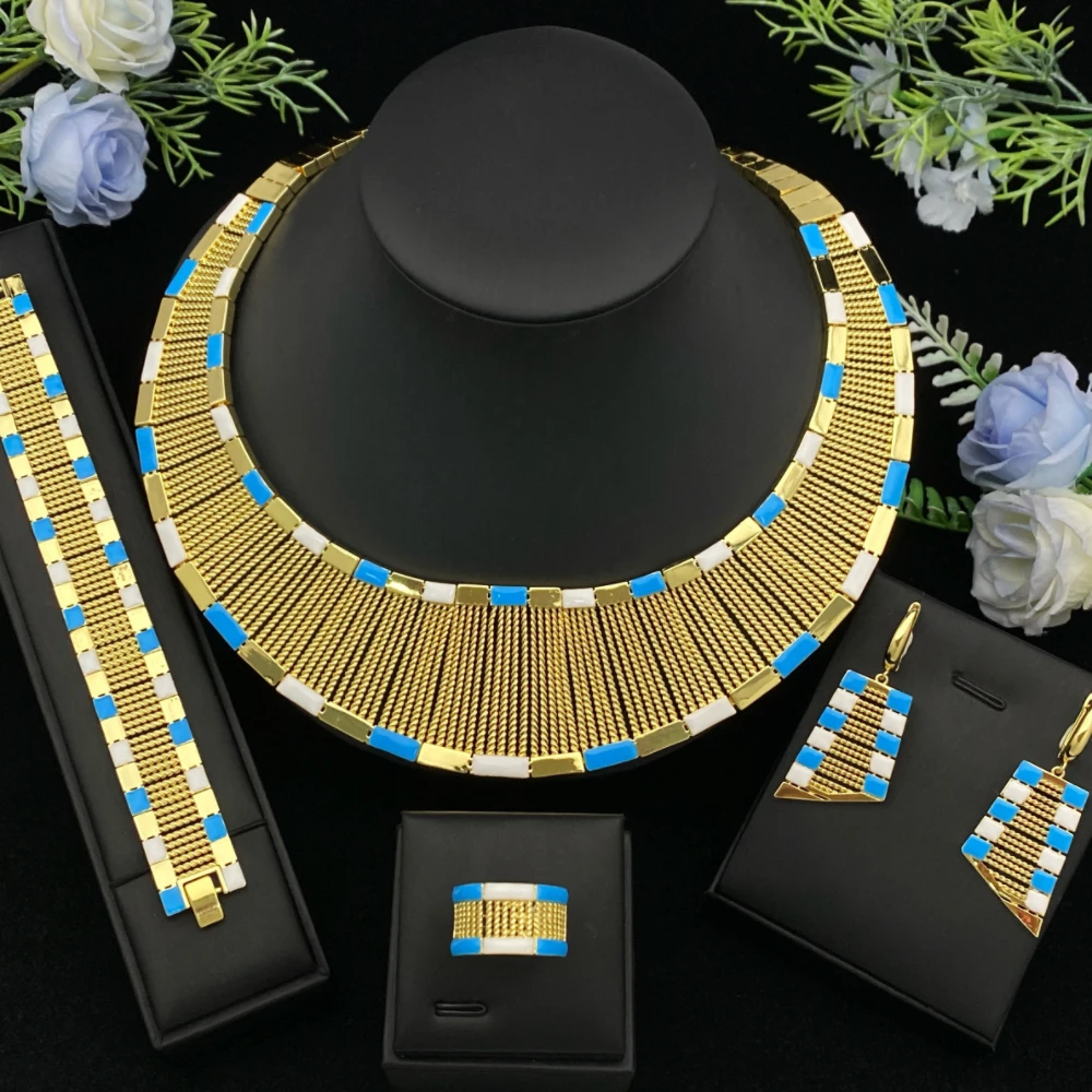 JRH Daily Elegant Luxury Gold-Plated Copper Women's Jewelry Set with Oil Droplet Process Earrings Necklace Bracelet Ring