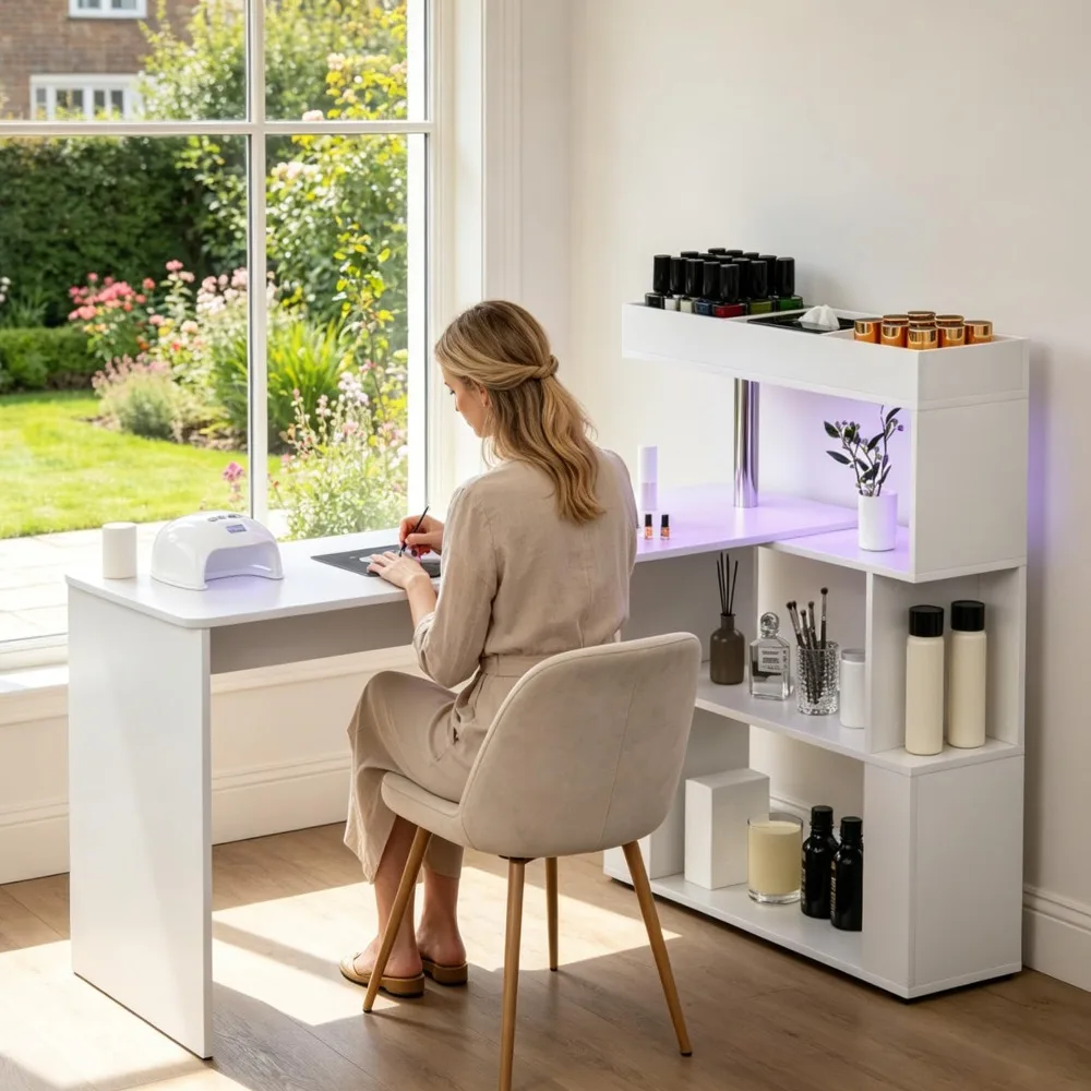 LED Manicure Table, L-Shaped Nail Tech Desk with Dust Collector, Reversible Rotating Table Built in Charging Station