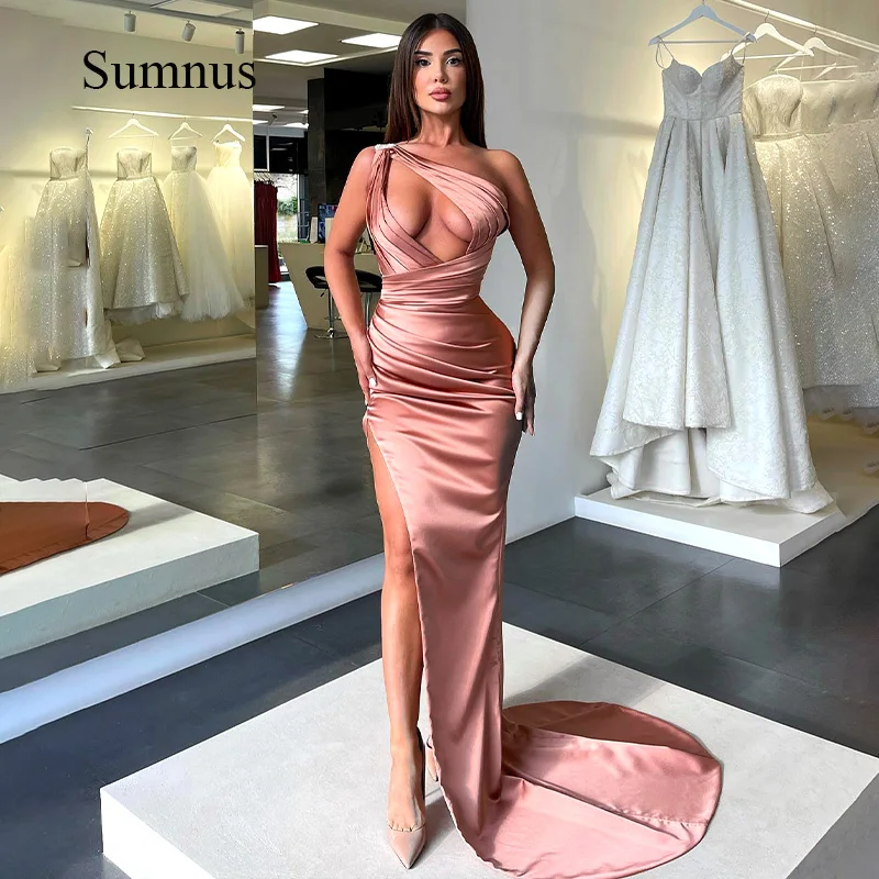 

Sumnus Coral One Shoulder Prom Dress High Slit Sexy Party Dresses Pleats Satin Women Evening Party Gowns Long Sleeveless Dresses