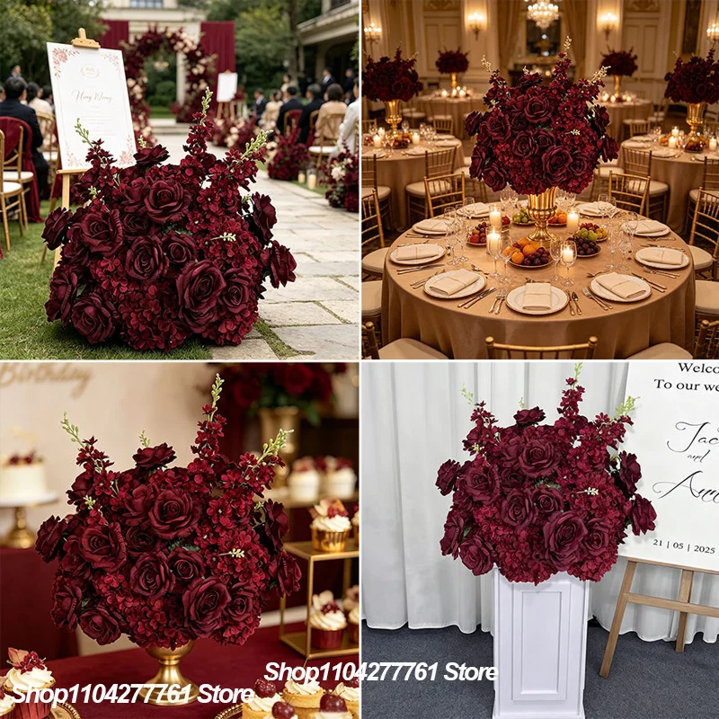 Burgunderrote Rosen Künstliche Blumen Tischdekoration Dunkelrotes Blumenarrangement Hochzeit Esstisch Deko Party Bankett Event Dekoration – Detail 1