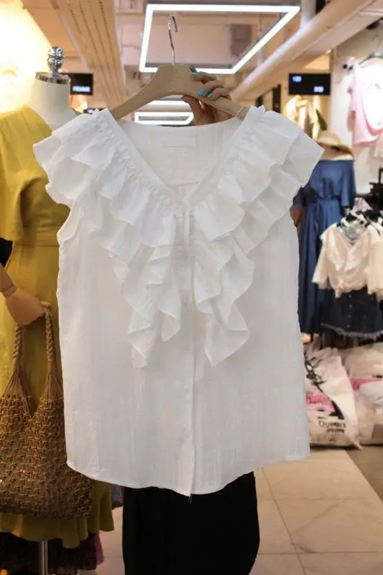 

Женская повседневная блузка 2023 года с V-образным вырезом, плиссировкой и оборками, из полиэстера, А-силуэт, с коротким рукавом