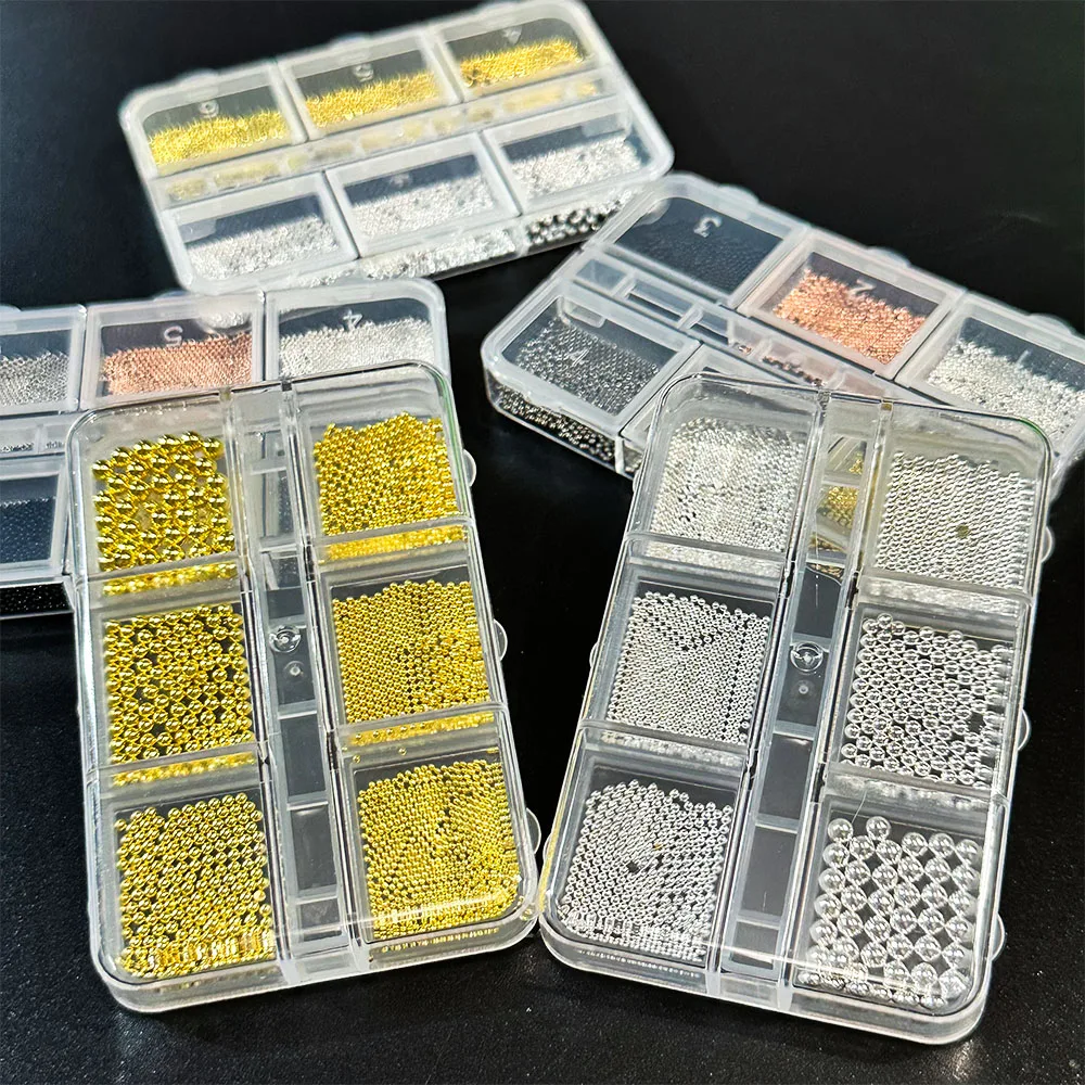 6 Grids Metal Caviar Beads Nail Charm 0.8-3mm Alloy Gold Silver Round Small Steel Ball Nail Gems Micro Ball Nail Art Decoration