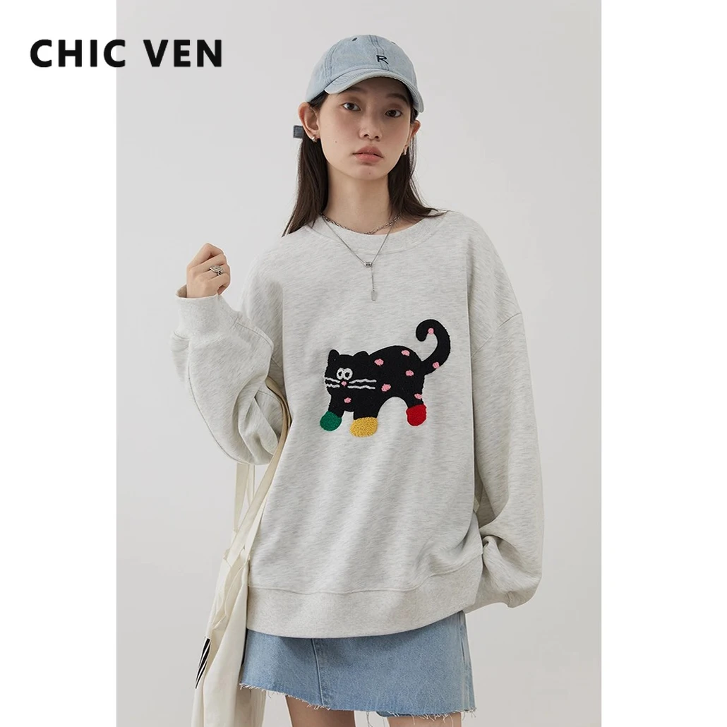 CHIC VEN Women Sweatshirts Korean Casual Loose O-Neck Cat Cartoon Embroidery Pullovers Female Clothing Autumn Winter New 2025