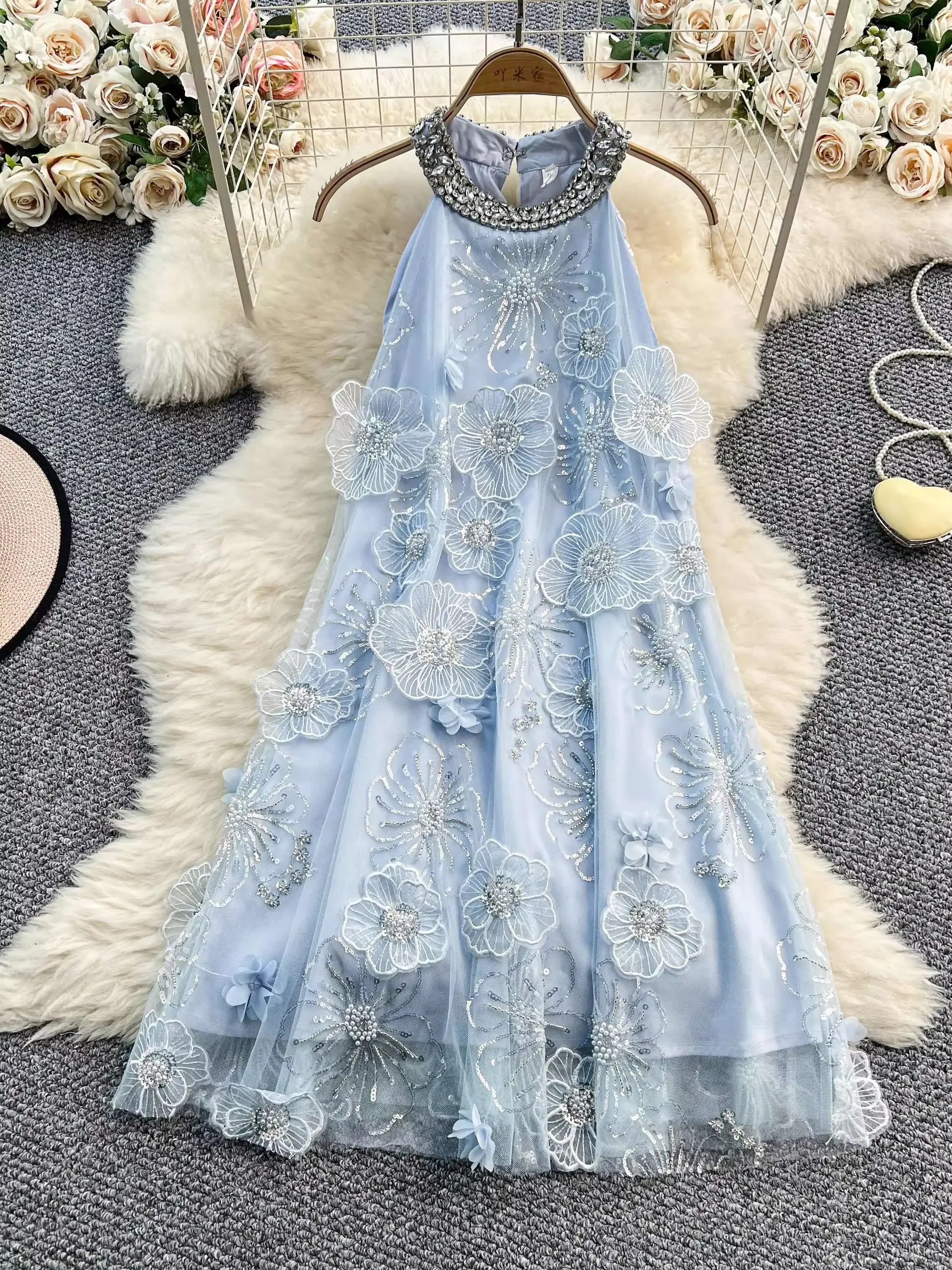 

Crystal Peals Luxury Evening Dresses Women Summer Sleeveless Bead Chain Neck 3D Flower Embroidery Tulle Lace Party Short Dress