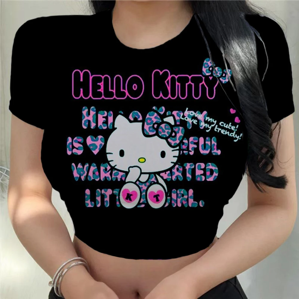 2024 Women Summer Short Sleeve T-shirt Hello Kitty Printing Round Neck Short Tops UltraShort Sexy Ladies Simple Fashion T-shirts