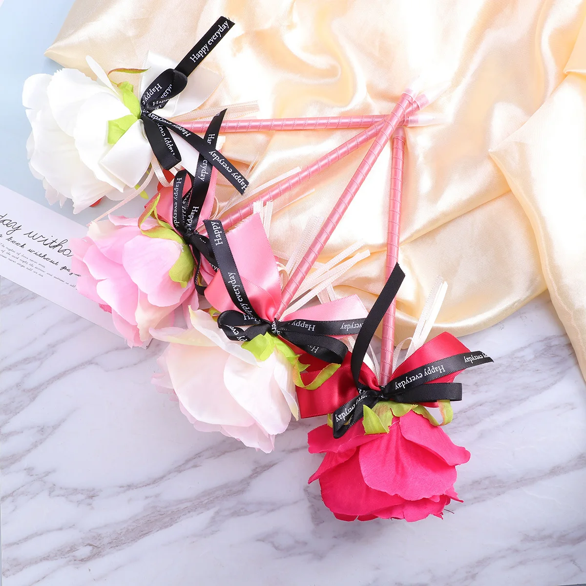 

5Pcs Flower Ballpoint Pens Artificial Rose Top Ribbon Twisted Decorative Gel Ink Creative Pens Ideal Gifts for Women