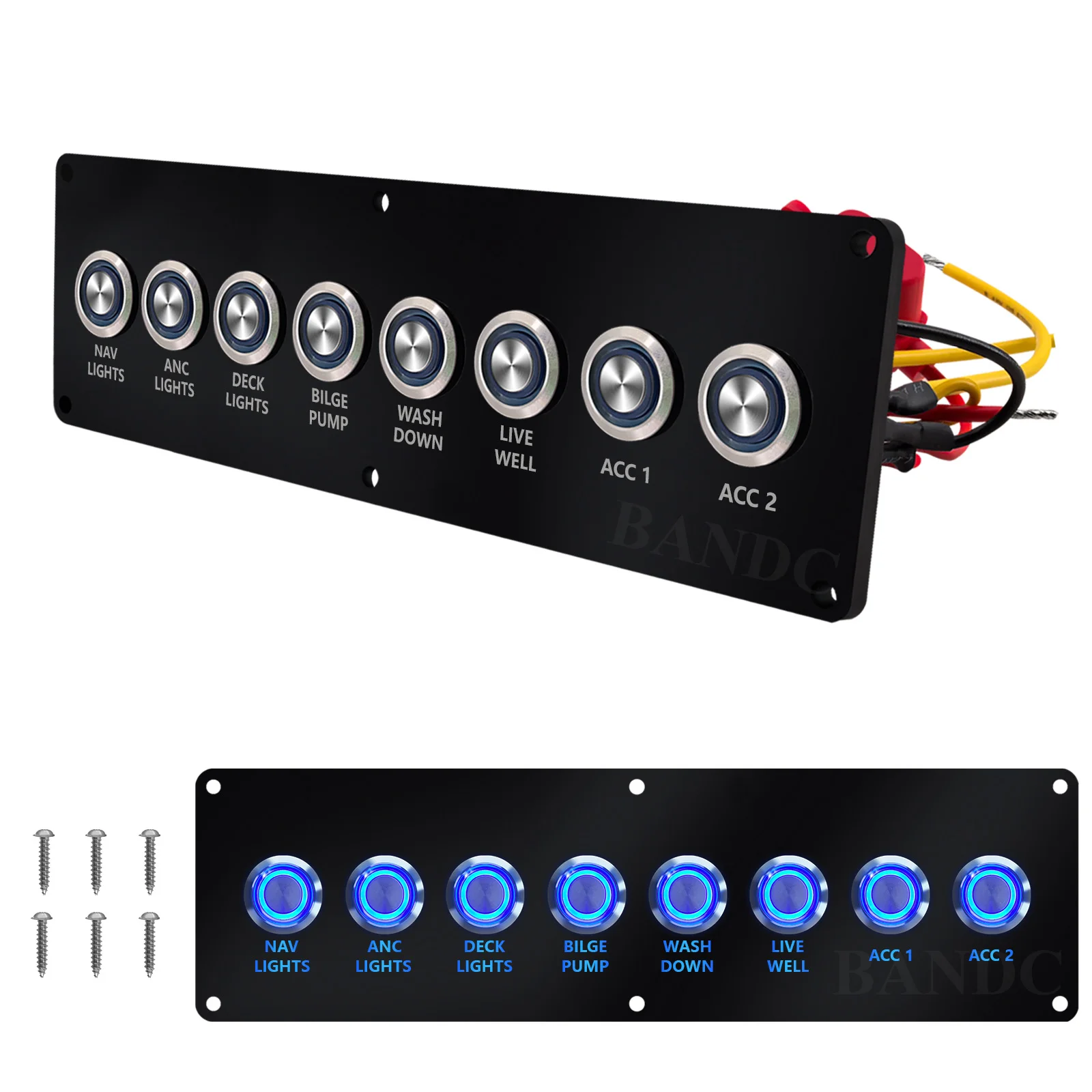 8 Gang Waterproof Acrylic Panel with ATO Fuse Holders 12V Blue LED Metal Push Button Switch for Boat RV Camper Truck Jeep