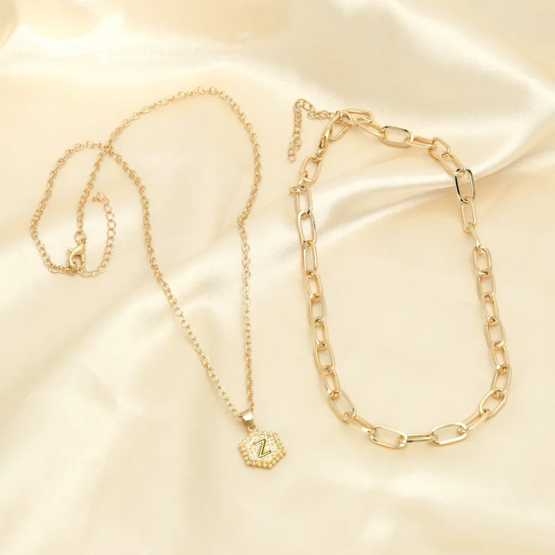 Hot Selling 26 Letter Double Layer Necklace In Europe, America and Asia Women's Hexagonal Pendant Clavicle Chain