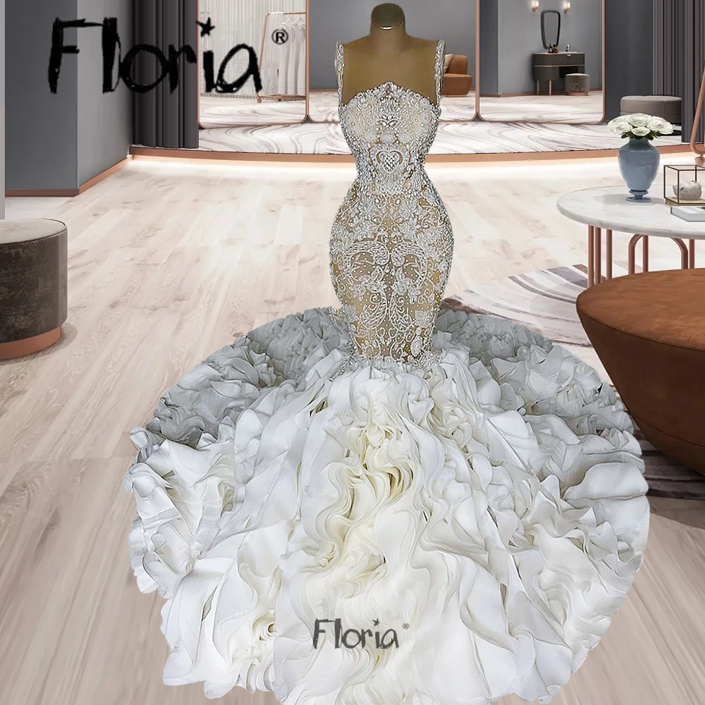 Cristalli di perline abito da sposa con volant a sirena increspato perle a strati da sposa per lusso 2023 moda donna Robe de Mariée