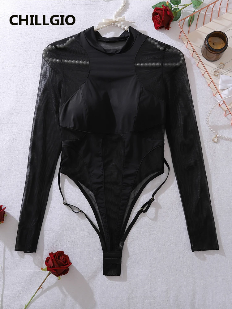 

CHILLGIO Women Solid Mesh One Piece Combination Rompers Bodycon Onesie Elastic Slim Catsuits Fashion Sheer Long Sleeve Bodysuits