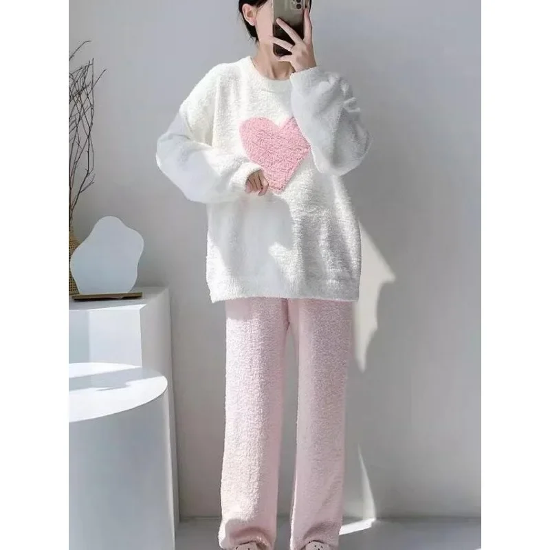 Warm Sleepwear for Winter Heart Print Flannel Pajamas Women Winter Thickened Velvet Plus Size Loungewear Set Girl Nightwear